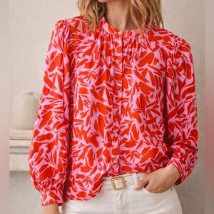 Veronica Beard | 2 | Silk Blend Floral Blouse Pink Red Puff Sleeve Button Front